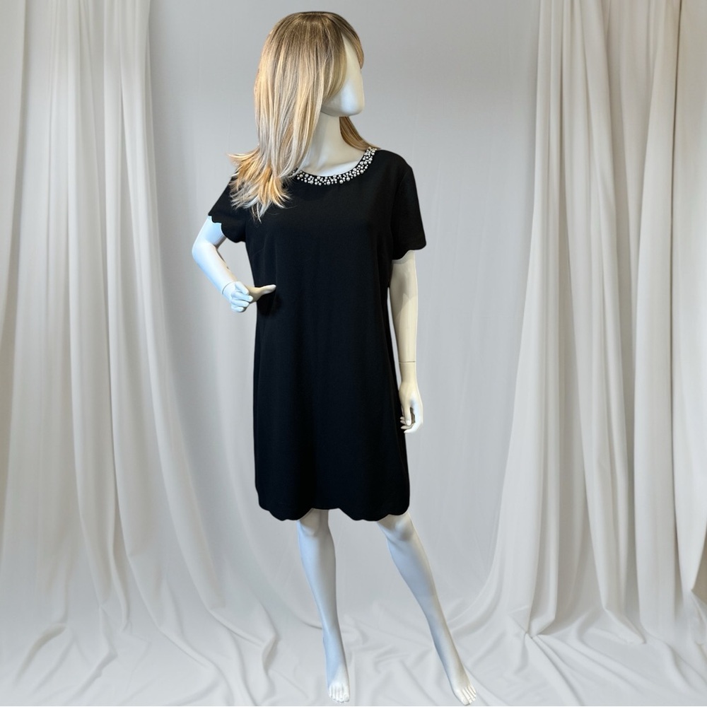Karl Lagerfeld Black Dress with Faux Pearl Crew Neck and Short Scalloped Sleeves